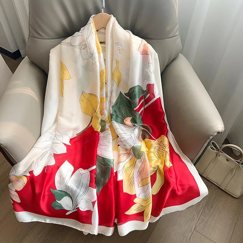 Spring New Magnolia Printed Pattern Silk 180*90cm Long Scarf for Women Elegant Simple Sunscreen Beach Chiffon Satin Shawl