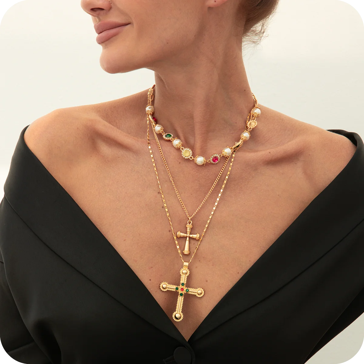 3Pcs/Set Trendy Inlay Colorful Acrylic Gemstone Imitated Pearl Cross Necklace for Women Fashion Ladies Jewelry Accessories Gifts