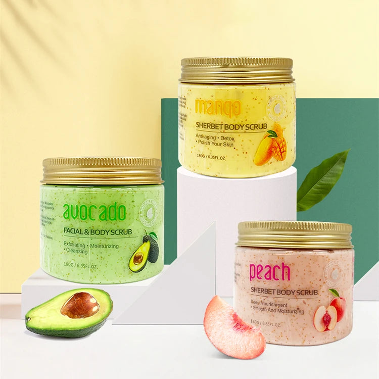 Private Logo 180g Vegan Natural Exfoliating Clearing Peach & Mango Fragrance Whitening Body Scrubs with Hydrating Oils Cream