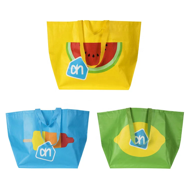 Sustainable AH Waterproof PP Woven Fabric Tote Big Shopper Printed Logo Letter Pattern Beach Travel Bags 20L Shoulder Strap 10kg