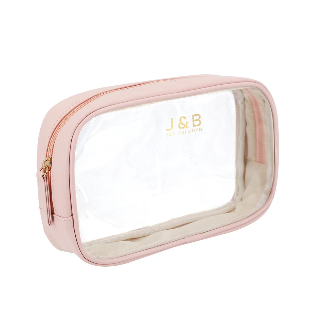 New Arrival PU Leather Makeup Toiletry Wash Bag with Transparent PVC Window Factory Custom  Clear Cosmetic Zipper Bag with Logo
