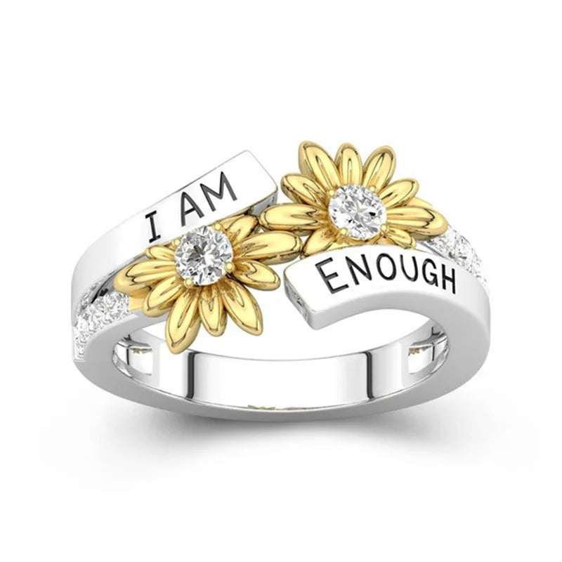 Exquisite Sliver Plated Flower Finger Ring Shiny Diamond Rings Creative Letter "I Am Enough" Fashion Rings for Girl Women