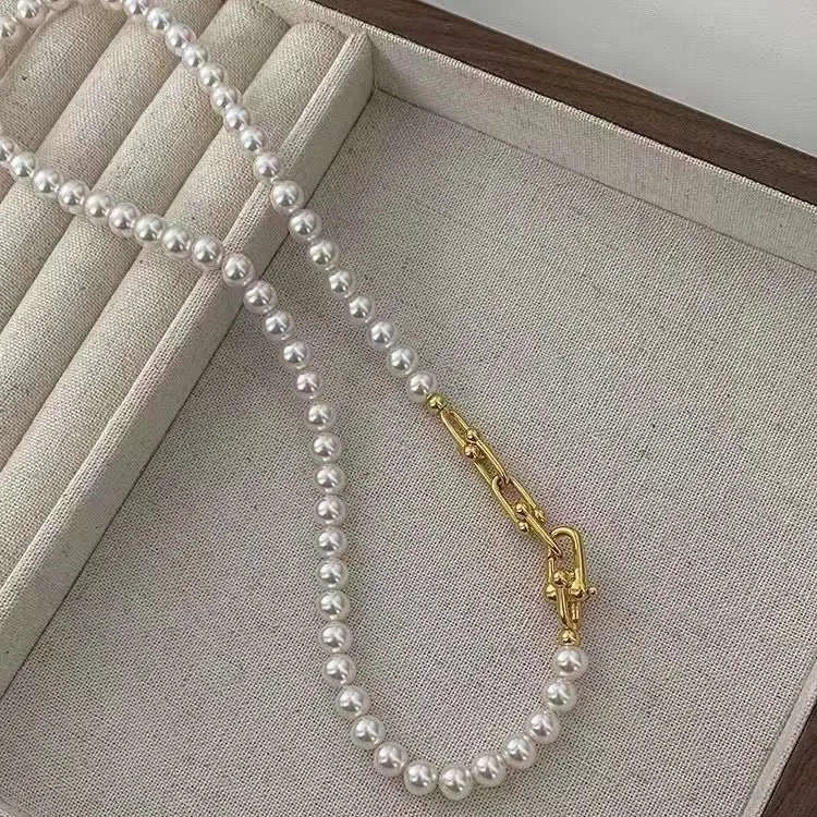 Trendy 45CM Japanese Akoya Blue Gray Artificial Pearl Necklace Long Crystal Fine Beaded Necklaces Horseshoe Buckle Gift Idea