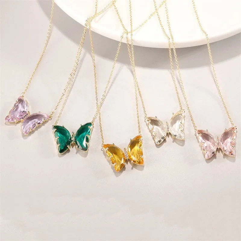 Wholesale Gold Link Chain Clear Rhinestone Butterfly Necklace Transparent Crystal Butterfly Pendant Necklace for Girl