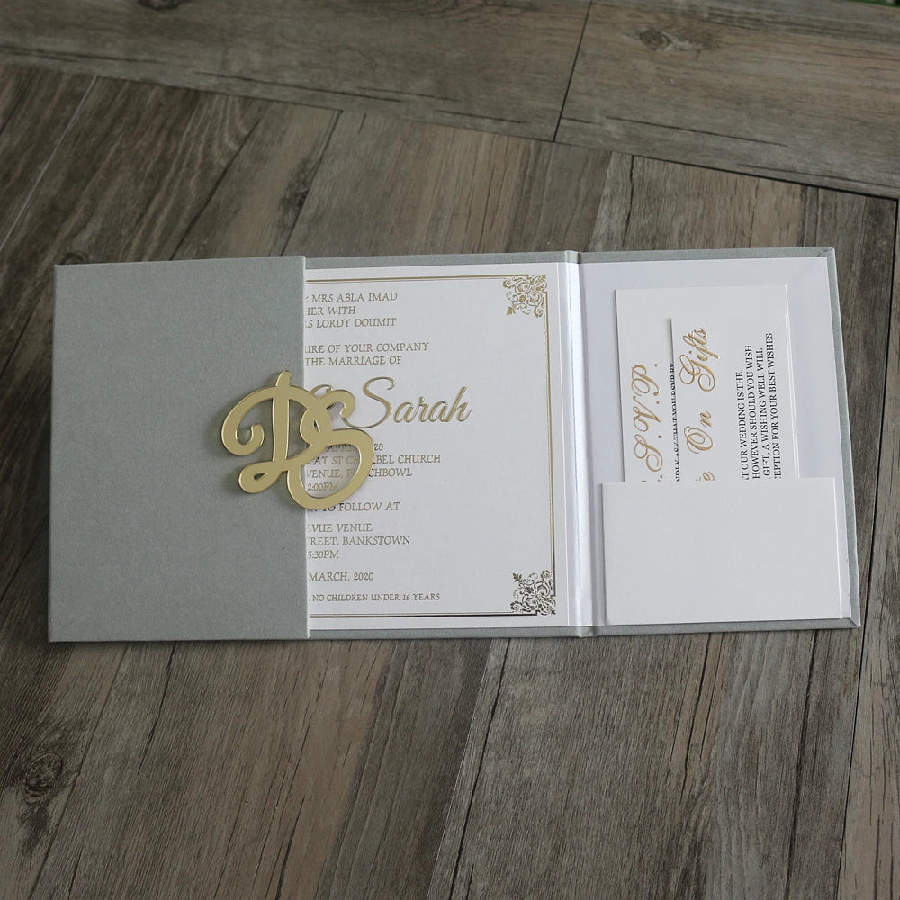 Unique Elegant Deboss Logo Folio White Hardcover Invitation Card Custom Printed Gray Velvet Wedding Invitations
