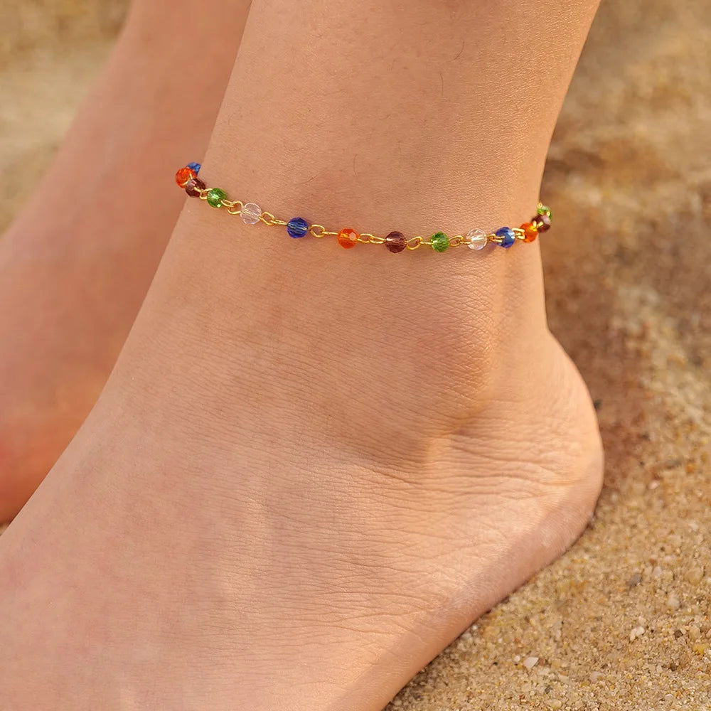 MICCI New Arrival Bohemian Style Minimalist Tarnish Free Jewelry 18K Gold Plated Colored Crystal Natural Stone Anklet for Women