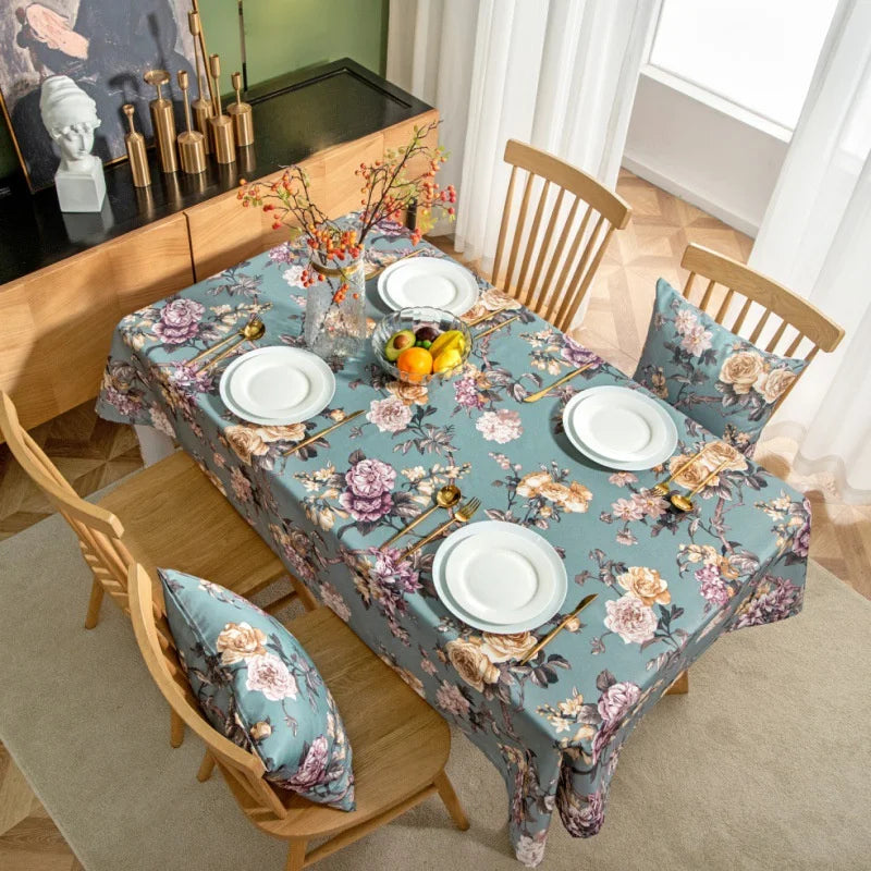 Hot Sale Vintage Style Flower and Bird Pattern Dining Table Cover Oil-Proof Tablecloths Chair Cover for Kitchen Cafe