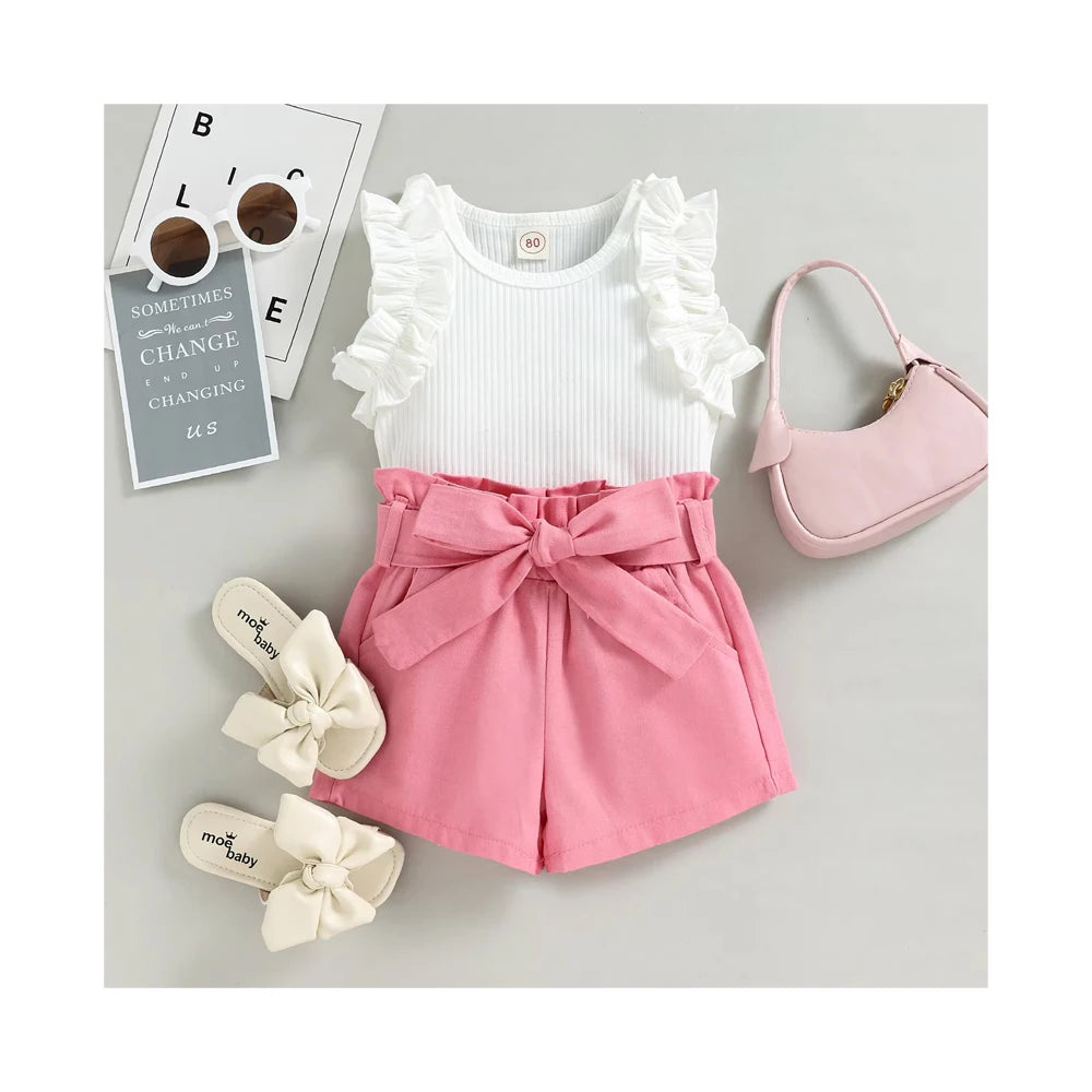 Pink Ladies Short Pants Summer Style Girls Outfits 2pcs Sweet Girls' Flying Sleeve Wholesale