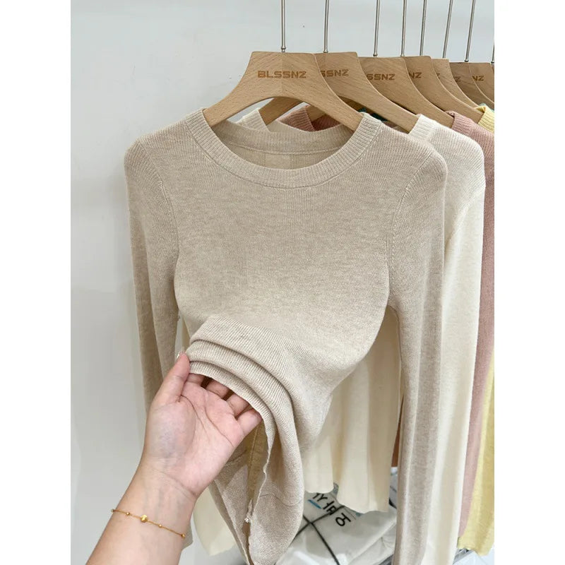 Wholesale Tight Knitted Women's Top Long-sleeved Thin Sweater Inner Pullover Knitted Sweater Woman Knit T Shirt