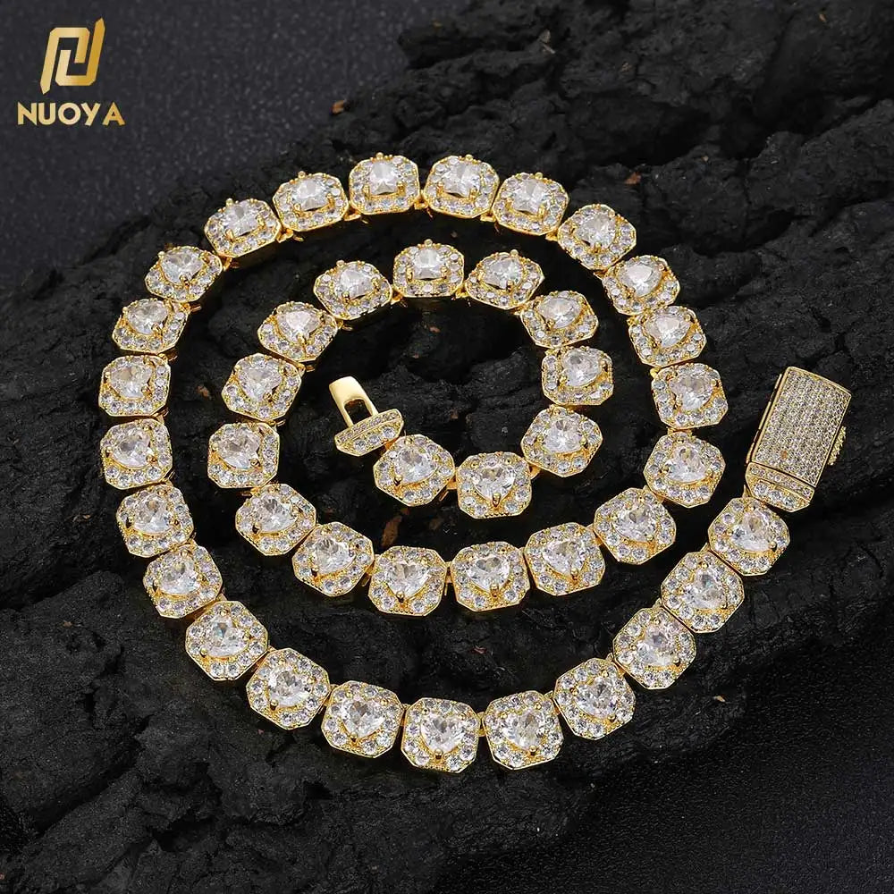 NUOYA New Arrive 10mm Iced Out Heart CZ Necklace Gold Silver Plated Square Shape Cluster Tennis Chain Necklace Jewelry for Women