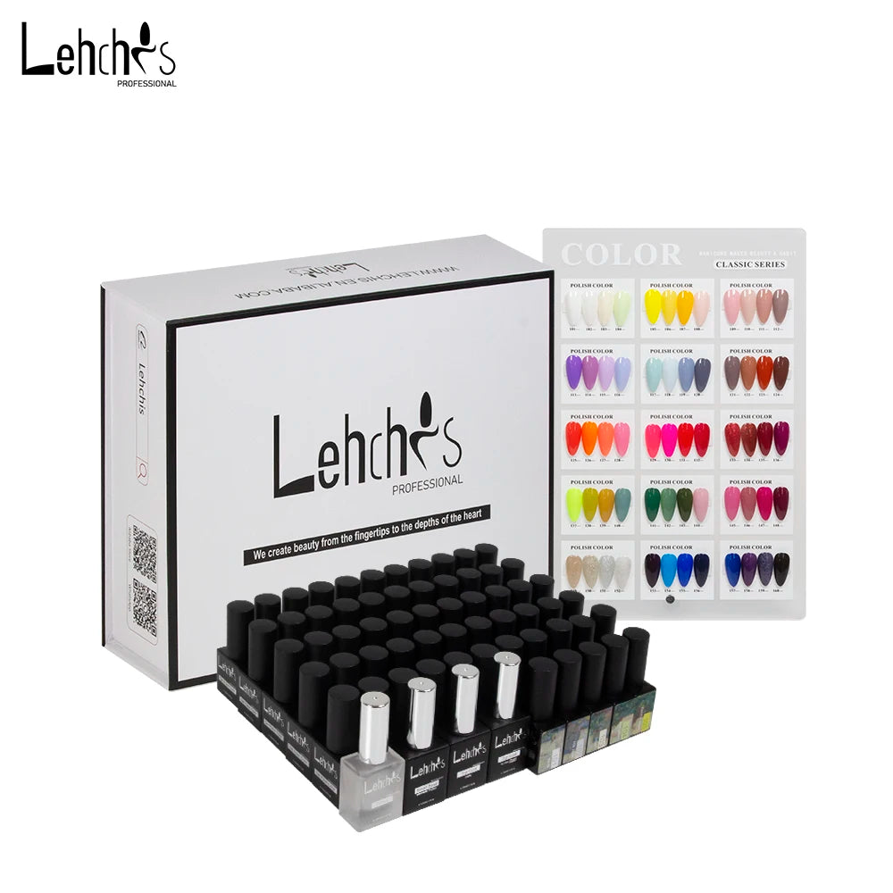 Lehchis 60-Color Gel Polish Kit Salon-Grade Soak-Off UV Nail Polish Set with Top & Base Coat for DIY Home Use Transparent