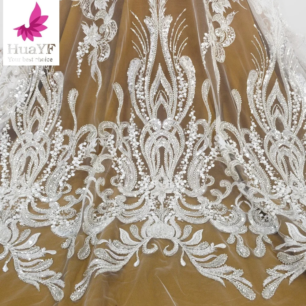 White Bridal Lace With Shiny Long Glasses Beads and Sequins Pretty Tulle Embroidery Fabric for Wedding Dress HY1554-4