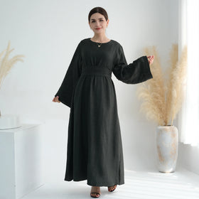 Wholesale EID Solid Color Wrinkle Sleeve Dubai Turkey Modest Linen Closed Abaya Winter Dresses for Women Muslim Dress