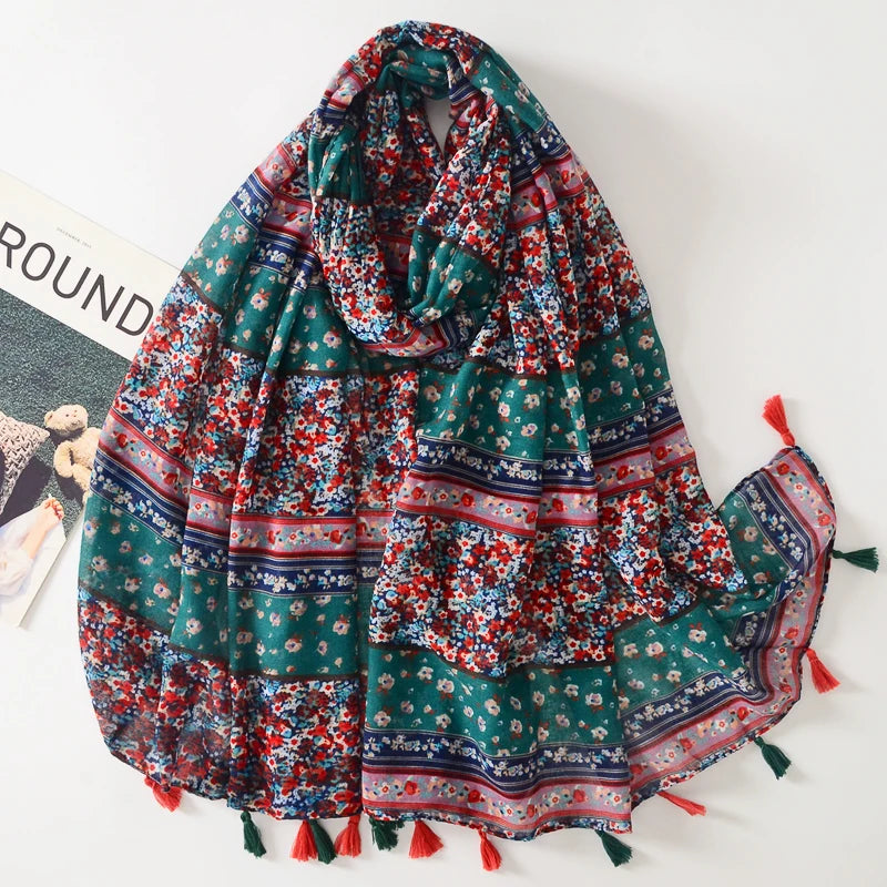 Wholesale Fashion Vintage Style Full Flower Pattern Muslim Head Wrap Hijab Summer Light Soft Cotton Voile Printed Tassel Scarfs