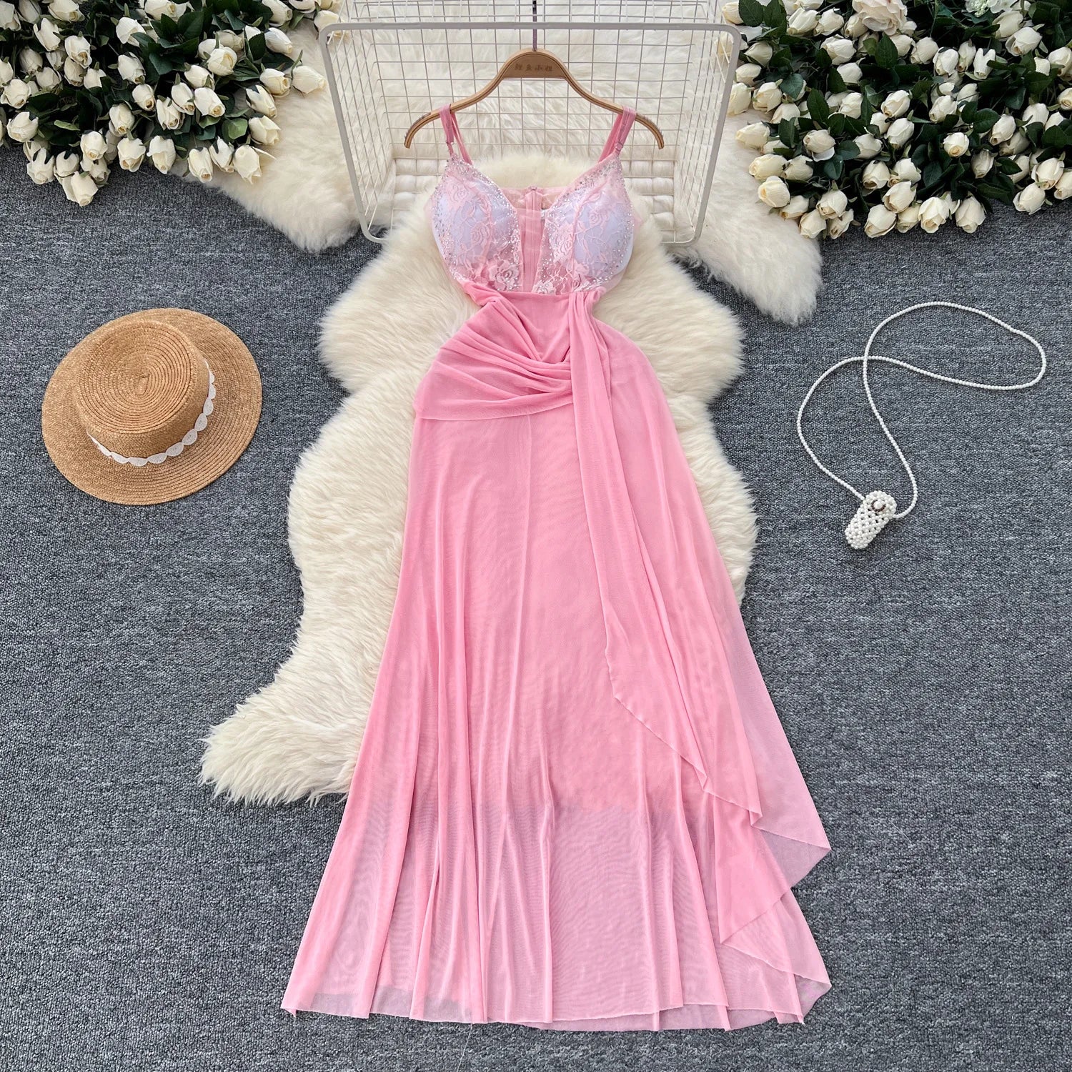 LW0782 Dinner Dress Women'S New High-End Elegant Dress Women'S Lace V-Neck Sling Mesh Elegant Party Dresses Woman