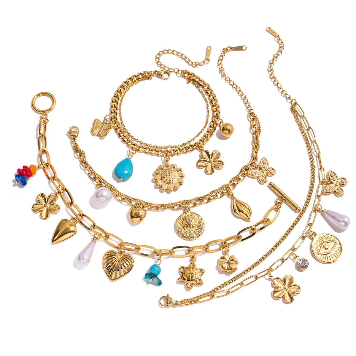 2025 Chic Waterproof Hypoallergenic 18K Gold-Plated Stainless Steel Geometric Pearl Multi-Element Charm Bracelet Women's Trendy