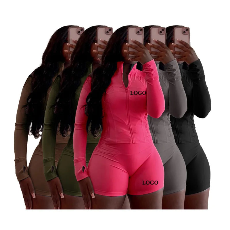 2026 Custom Logo Spring Fall Sporty 2 Piece Set Women Running Zipper Turtleneck Jacket Skinny Straight Shorts Workout Suit