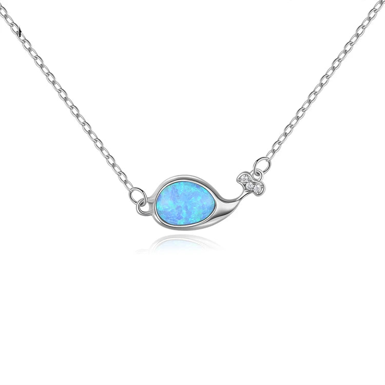 Hot Selling Oceans Series 925 Sterling Silver Geometric Natural Opal Whale Pendant Necklace for Women