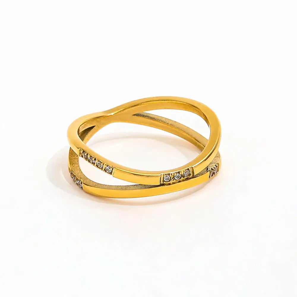 Joolim High End 18K Gold Plated Double-layer Dainty Zirconia Waved Stainless Steel Ring for Women