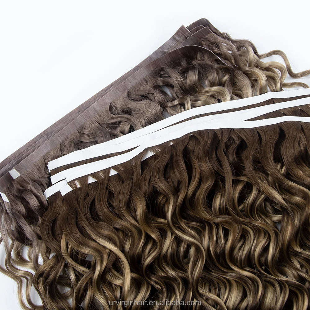 12A Wholesale 100% Raw Cuticle Aligned Curly Invisible Tape Natural Hair Extensions Hot Sale Russian Tape Hair Extensions