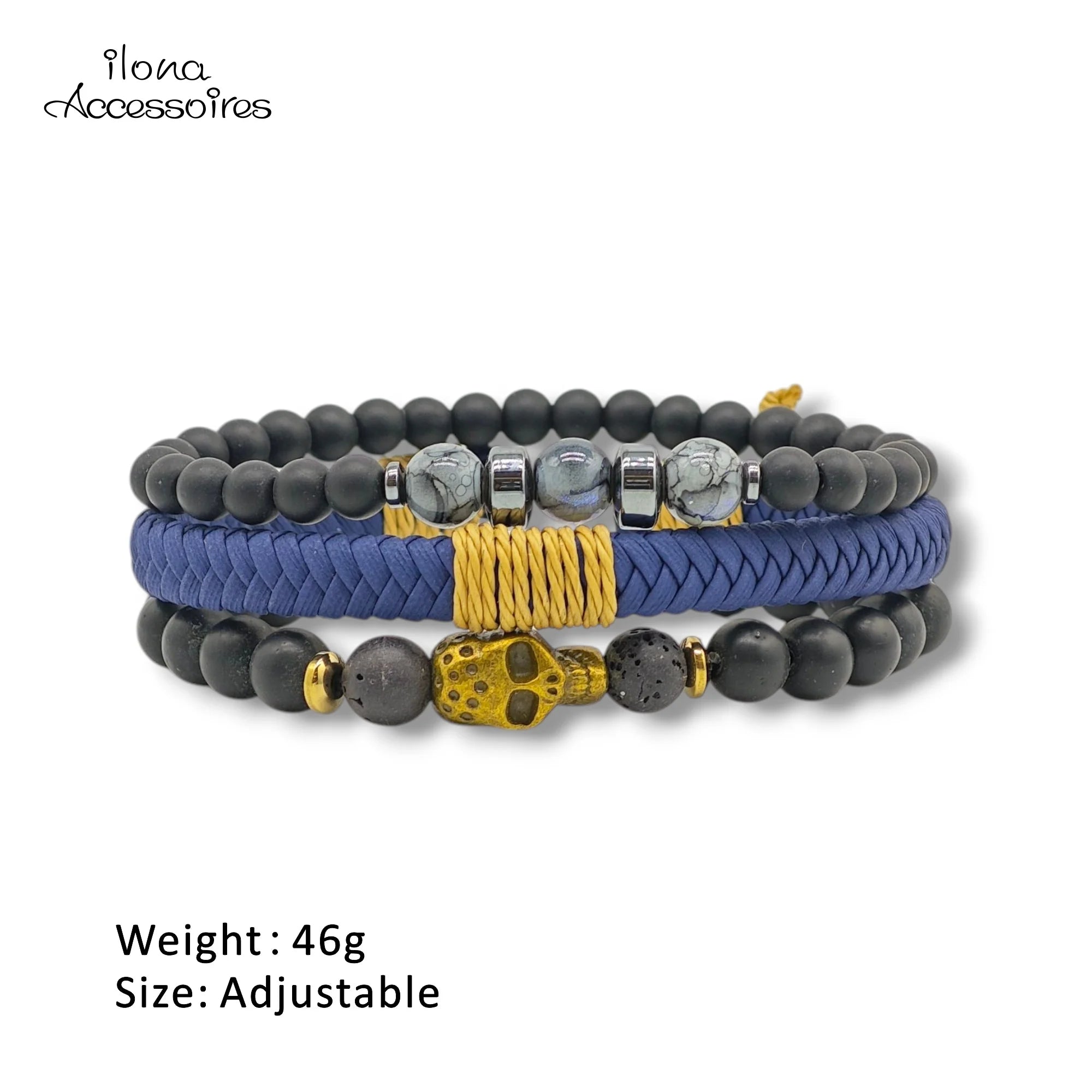 Ilona 3Pcs Gothic Skull Mens Stack Bracelet Set Blue Braided Leather Natural Lava Stone Grey Vein Jasper Bead Punk Wrap Jewelry