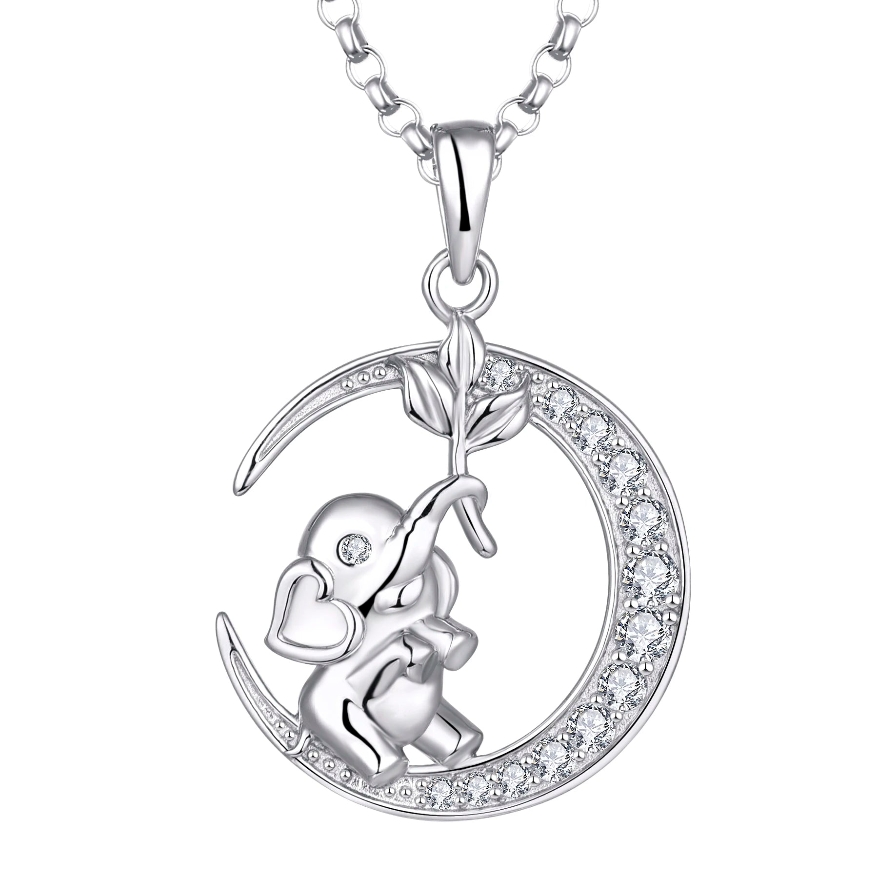 YH Jewellery 925 Sterling Silver Necklace Pendant Rhodium Plated Good Luck Moon and Little Elephant with Zircon for Engagement