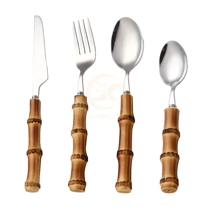 Eco-friendly Reusable Bamboo Handle Flatware Spoon Fork 304 Stainless Steel Cutlert with Bamboo Handle