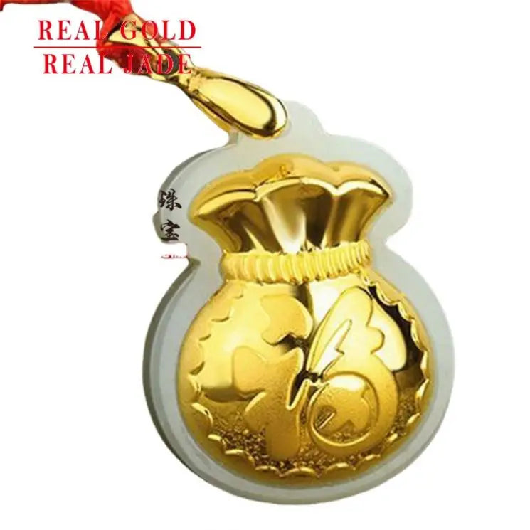 Natural Hetian Jade With 24K Gold Lucky Money Bag Pendant Handmade Necklace Accessory With Certificate