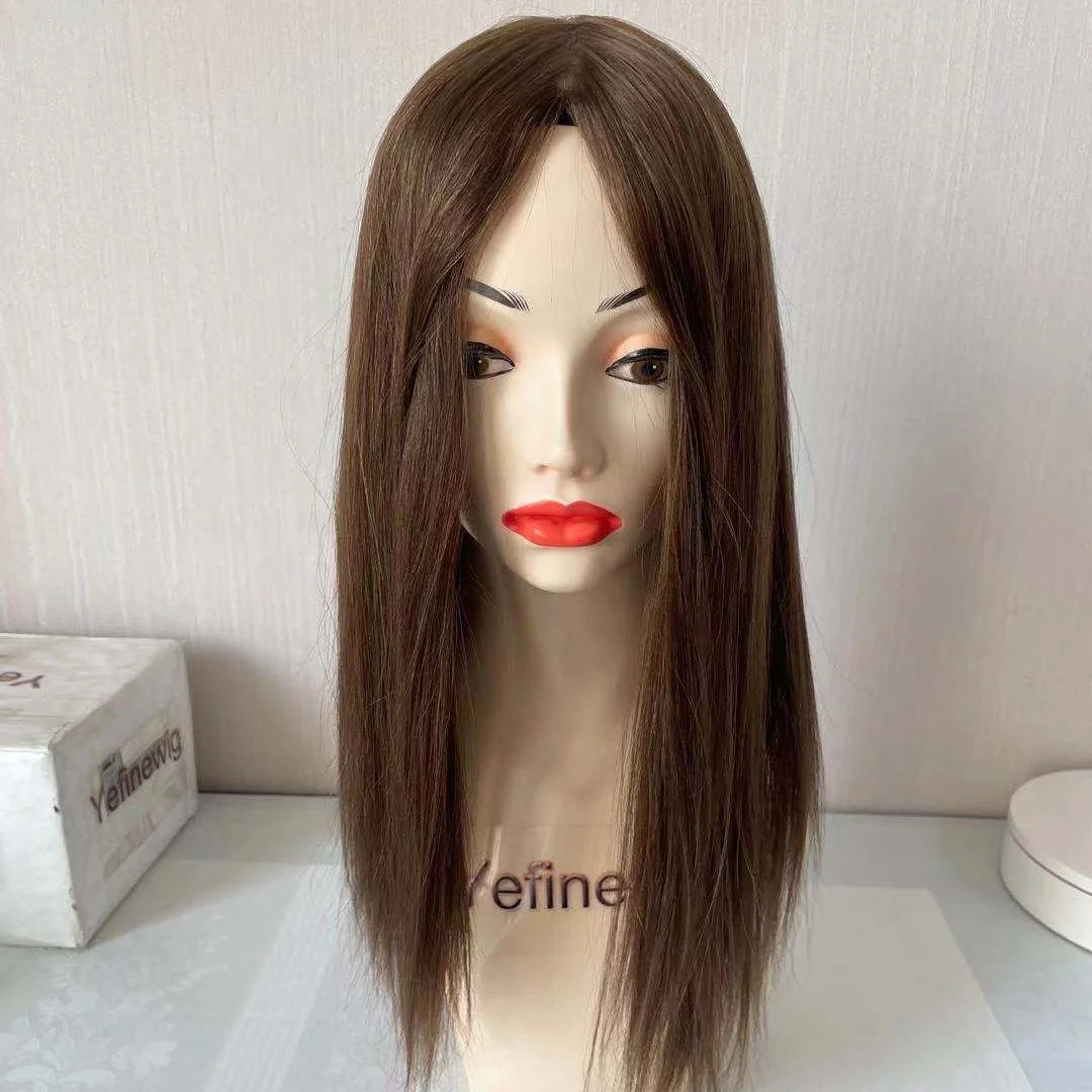 Yefinewig Brazilian Remy Human Hair Natural Straight Brown 8*8 14inch 130% Density Silk Base Closure Topper