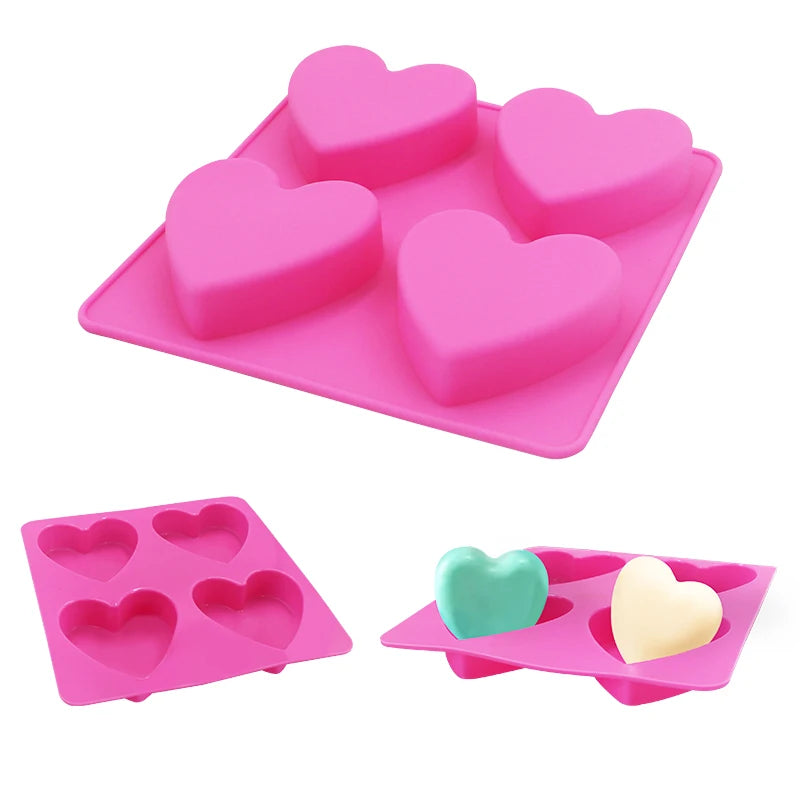 4 Cavity Love Shape 3D Handmade Silicone Mold High Temperature Resistance for Making Cake Soap OPP Bag Packed