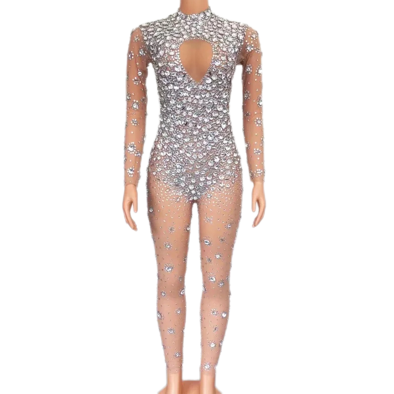 Luxury Mesh Bodysuit Sexy See Through Crystal Jumpsuit Most Popular Products 2022 Sparkly Diamond Jumpsuits