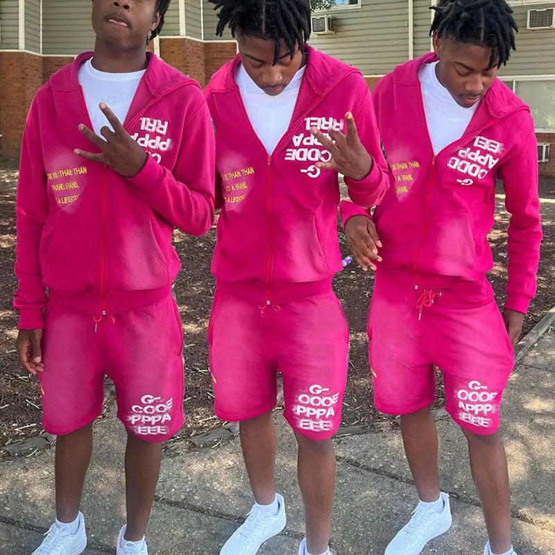 Custom Design Logo Sportswear Clothing Sweat Shorts and Hoodie Set Sweatsuits Zip up Tracksuit Acid Wash Sweat Suit With Zipper