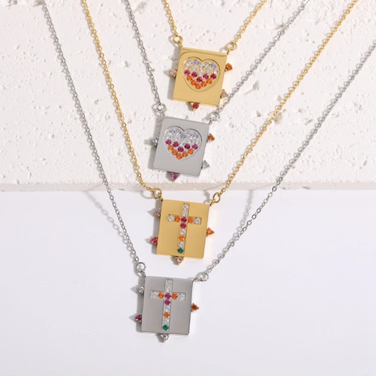 Colorful Crystal Heart Cross Pendant Necklace Custom Anti Fade Stainless Steel Square Zircon Necklace Women