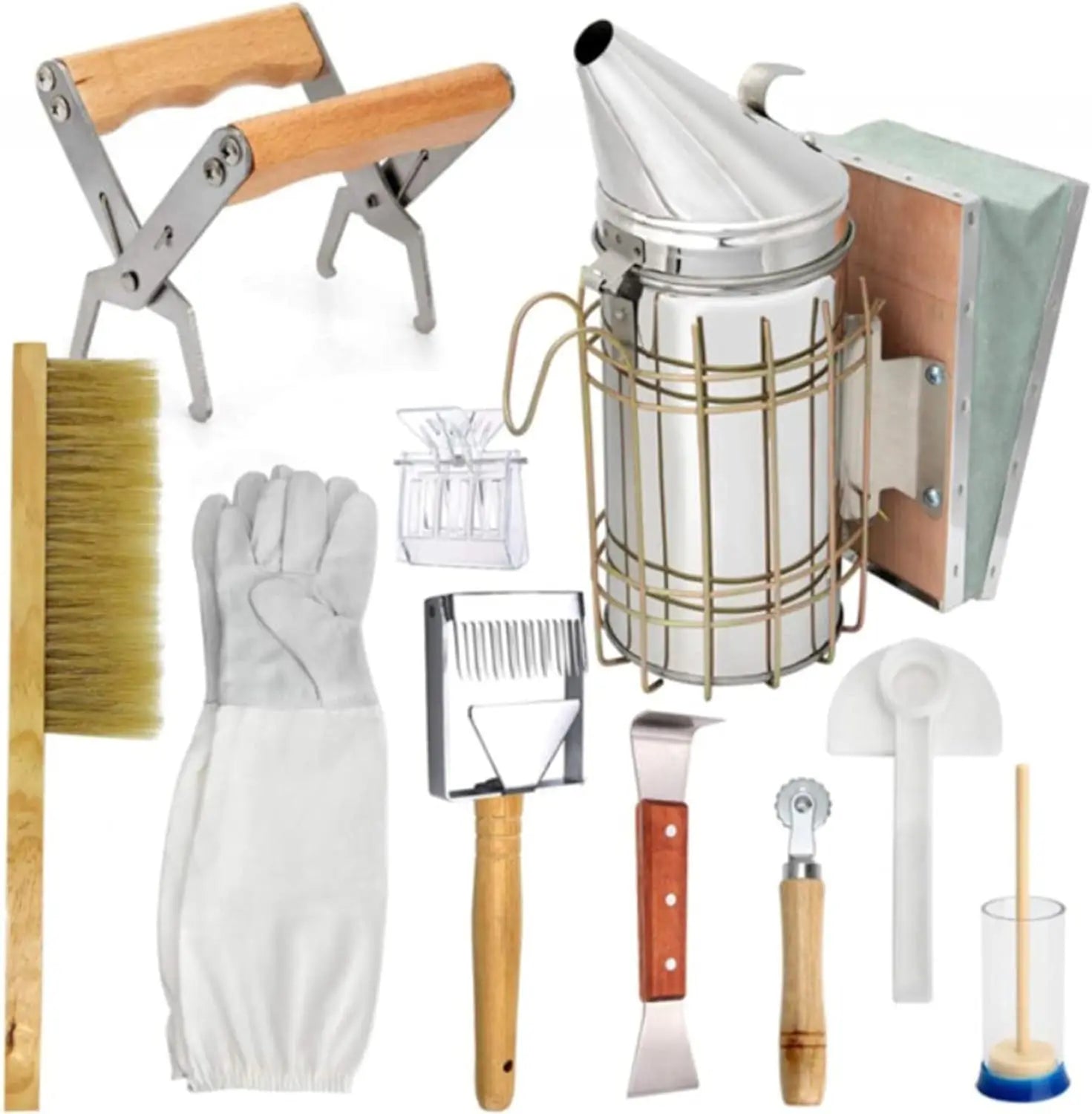 New Beekeeping Equipment Tools Set-Stainless Steel/Plastic/Wood Bee Hive Starter Kit Bee Brush Queen Catcher Smoker Frame Lifter
