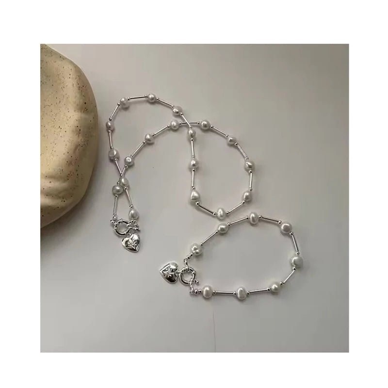 New Special Design 925 Sterling Silver Freshwater Pearl Heart Charm Bracelets Necklaces Fine Jewelry for Women