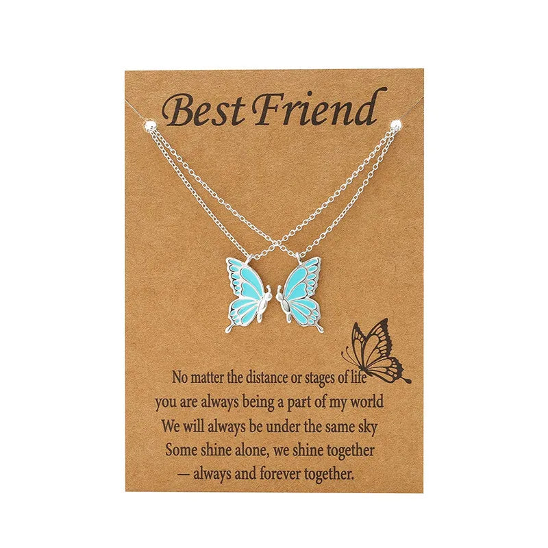 Fashion 2-Pcs/Set Gold Plated Link Chain Butterfly Enamel Necklace for Friendship or Gift Includes Card