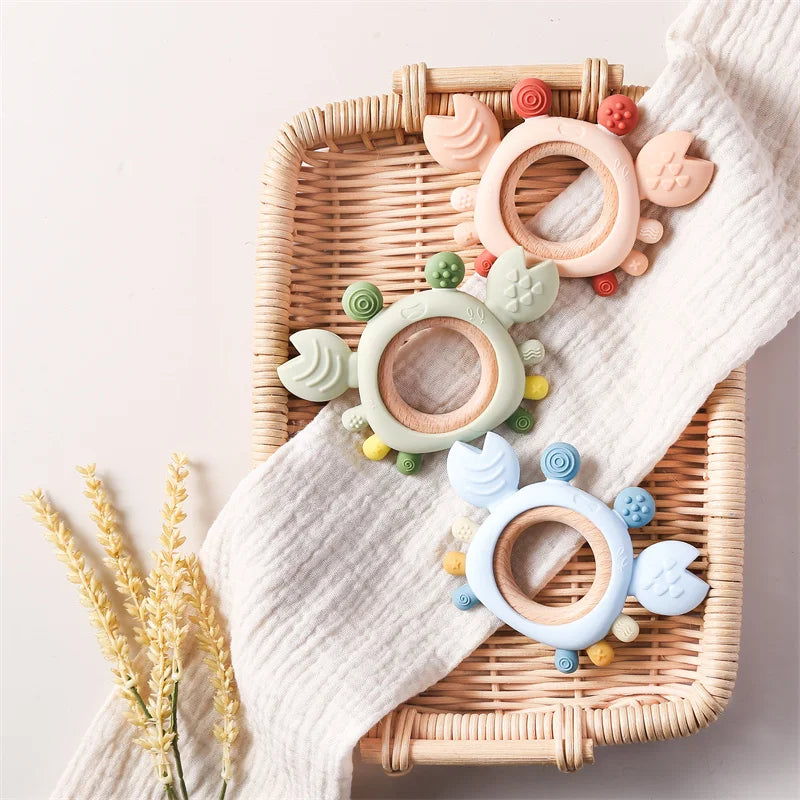 PGJ2278 Food-Grade Wooden Silicone Crab Teether for Kids Soft Silicone Chewing Bite-Safe Teether Toy for Kids