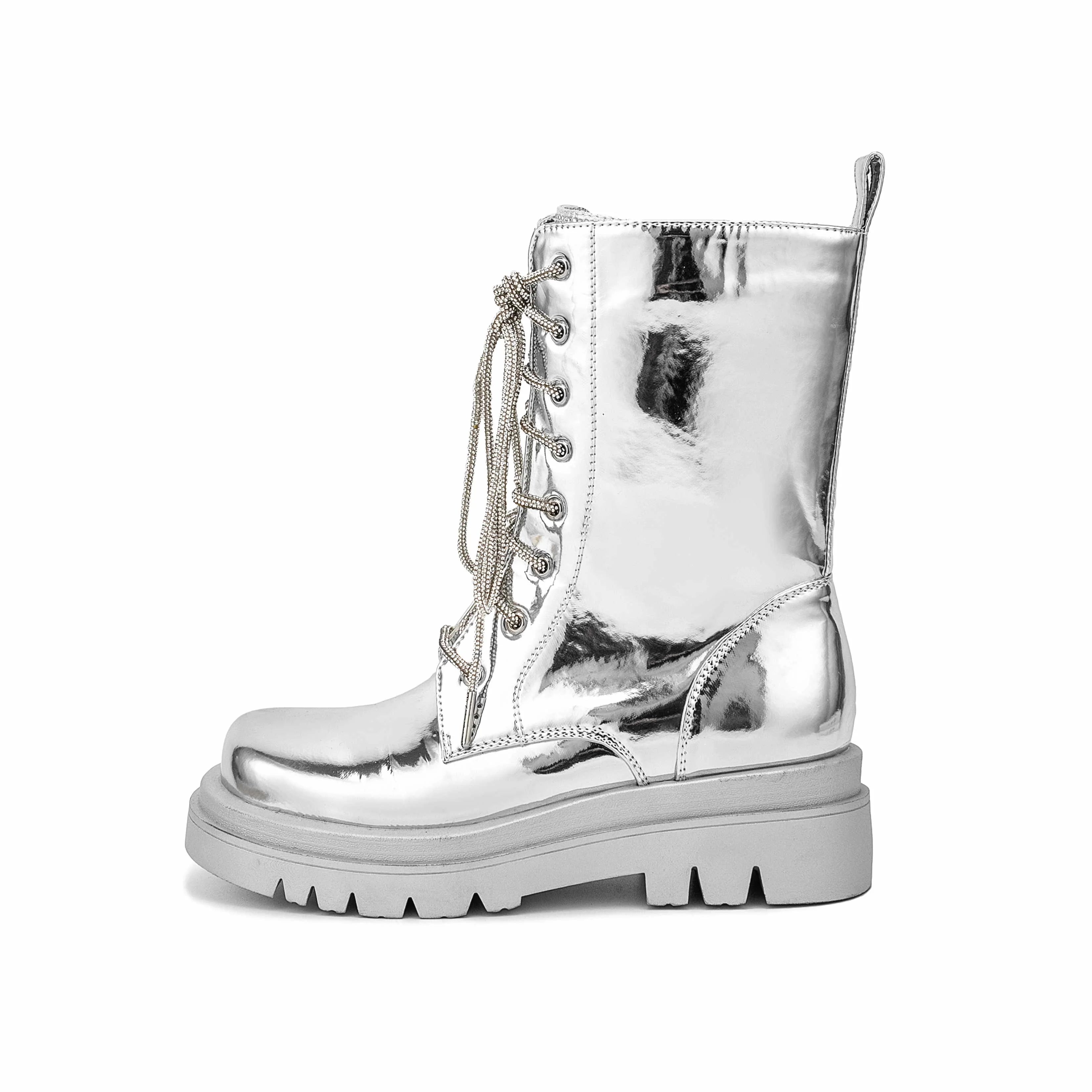 Western Fashion Metallic Silver PU Women Ankle Boots 8 Eyelet Flat Heels Full Diamond Shoelace for Zip Autumn