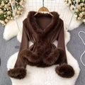 One Size Korean V-neck Patchwork Flared Sleeve Sweater Women's Casual Plush Jacket Top