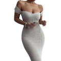 Roupas Femininas Solid Color Rib Knit Short Sleeve off Shoulder Casual Long Elegant Women Dresses