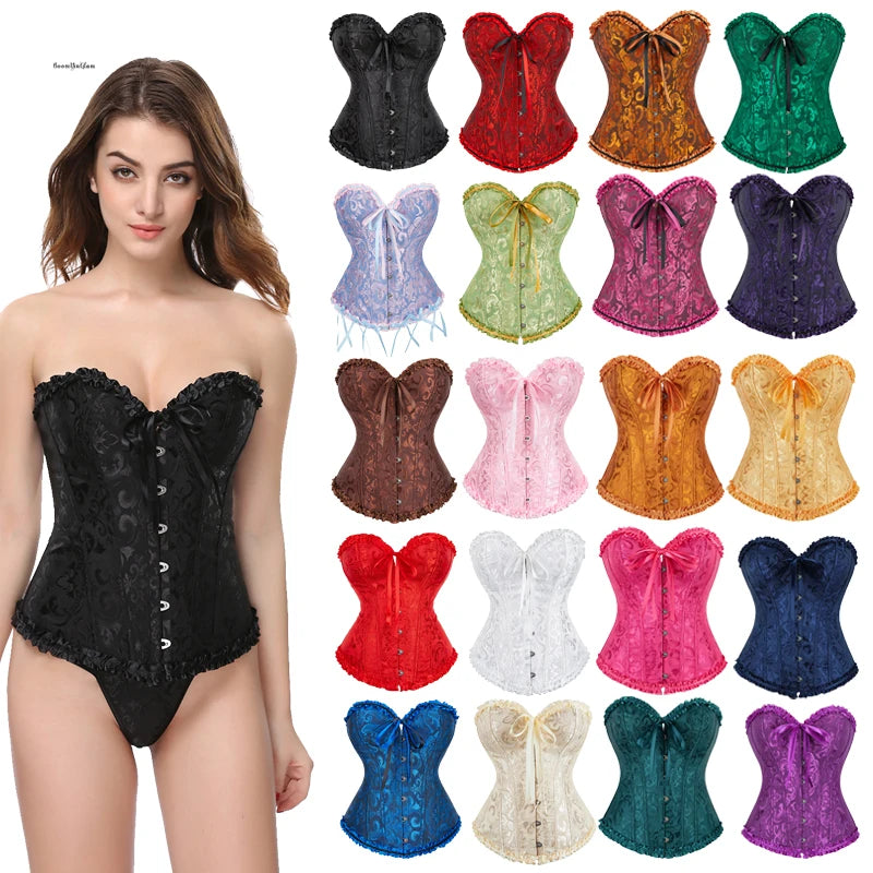 Plus Size Korset Women's Lace up Overbust Corset Floral Pleated Trim Bustier Lingerie Bodyshaper Top With G-String