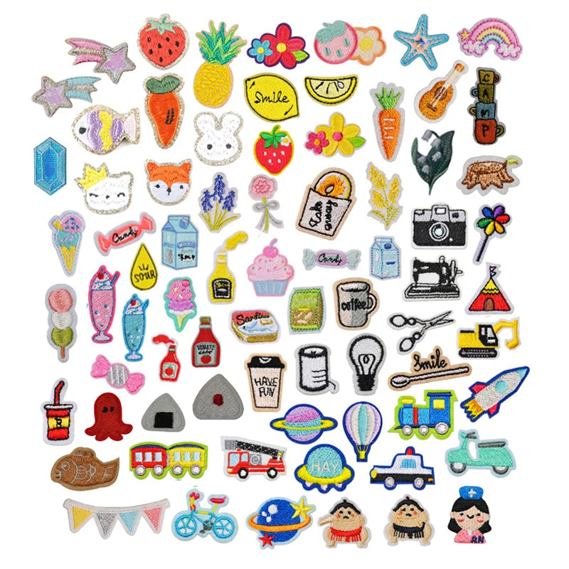 Hot Sale Kawaii Style Self Adhesive No Sewn Fruit Flower Food Traffic Planet Animal Design Small Embroidery Patches