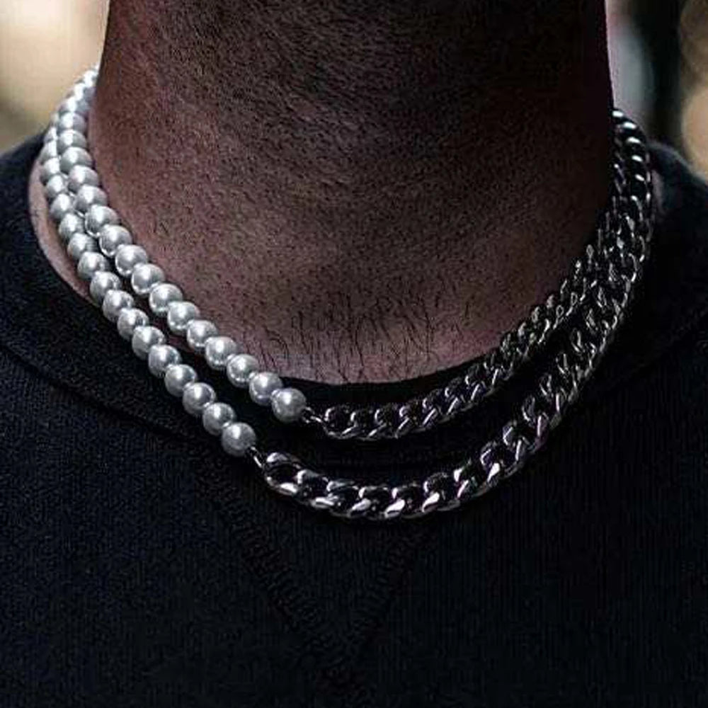 8mm Freshwater Cultured Half Pearl Half Chain Necklace 18k Gold Plated Cuban Link Chain Half Pearl Beads Chain Choker Necklace