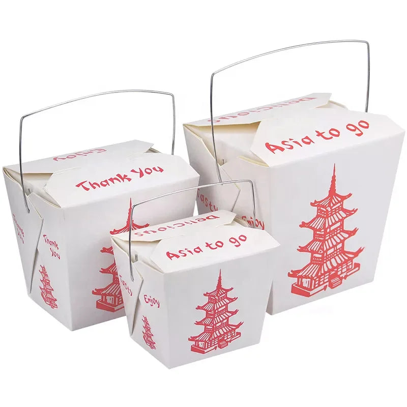 Resistant Takeout Noodle Fried Rice Food Take Out Paper Box Container With Metal Handle