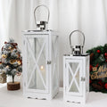 Set of 2 White Square Wooden Glass Candle Lantern with Stainless Steel Handle for Indoor Outdoor Decoration