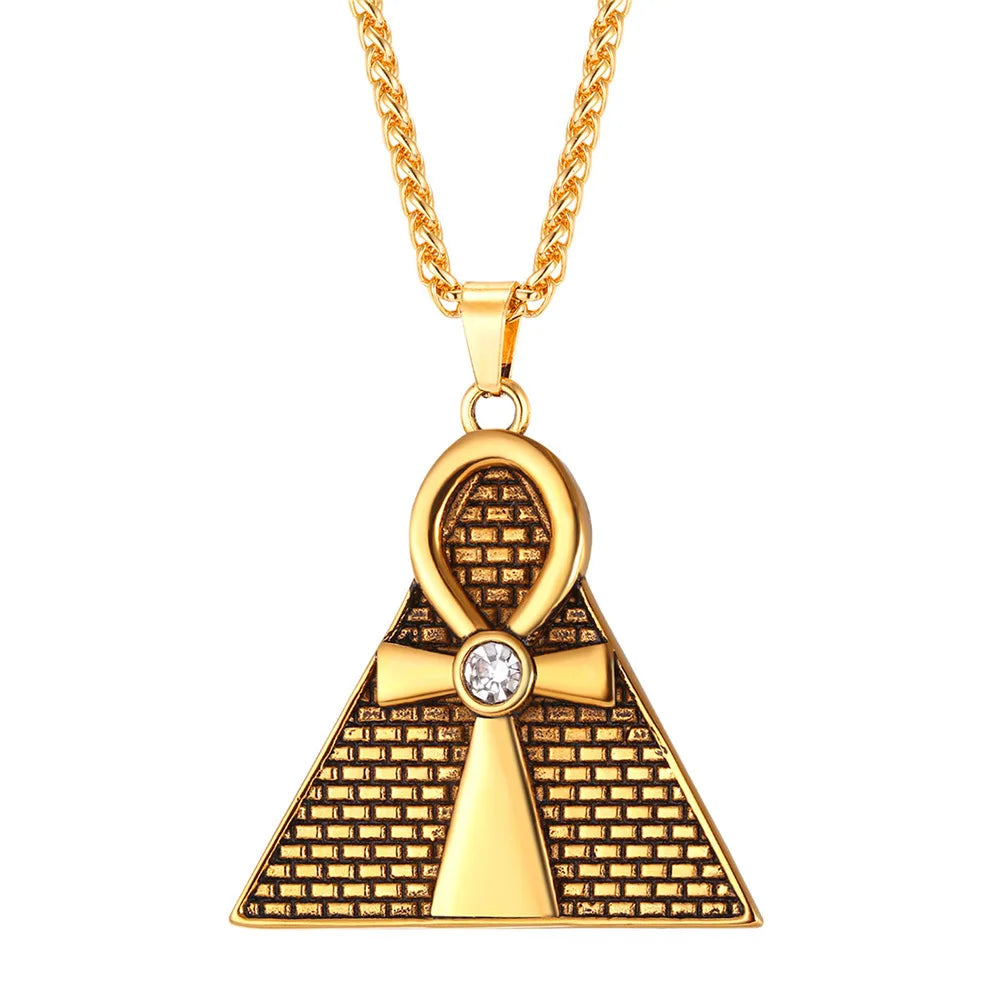 Fashionable Necklace Titanium Zircon Inlay Triangle Pyramid Wholesale Jewelry Steel Egyptian Cross Fine Pendant