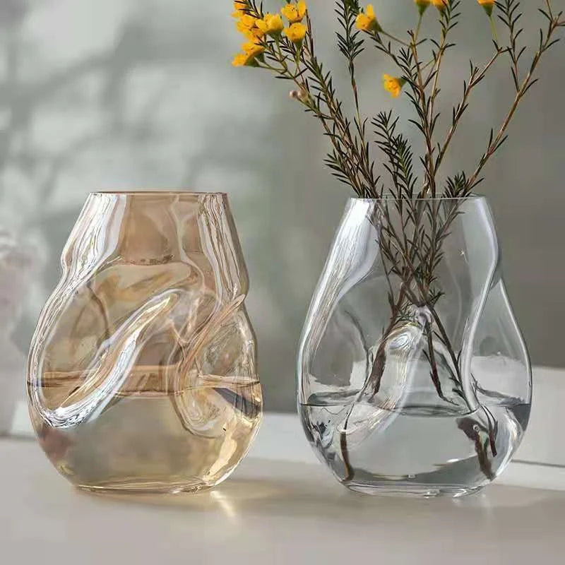 Creative Large Diameter Artificial Mouth Blown Amber Large Diameter Round Vase Flower Arrangement Vase for Living Room
