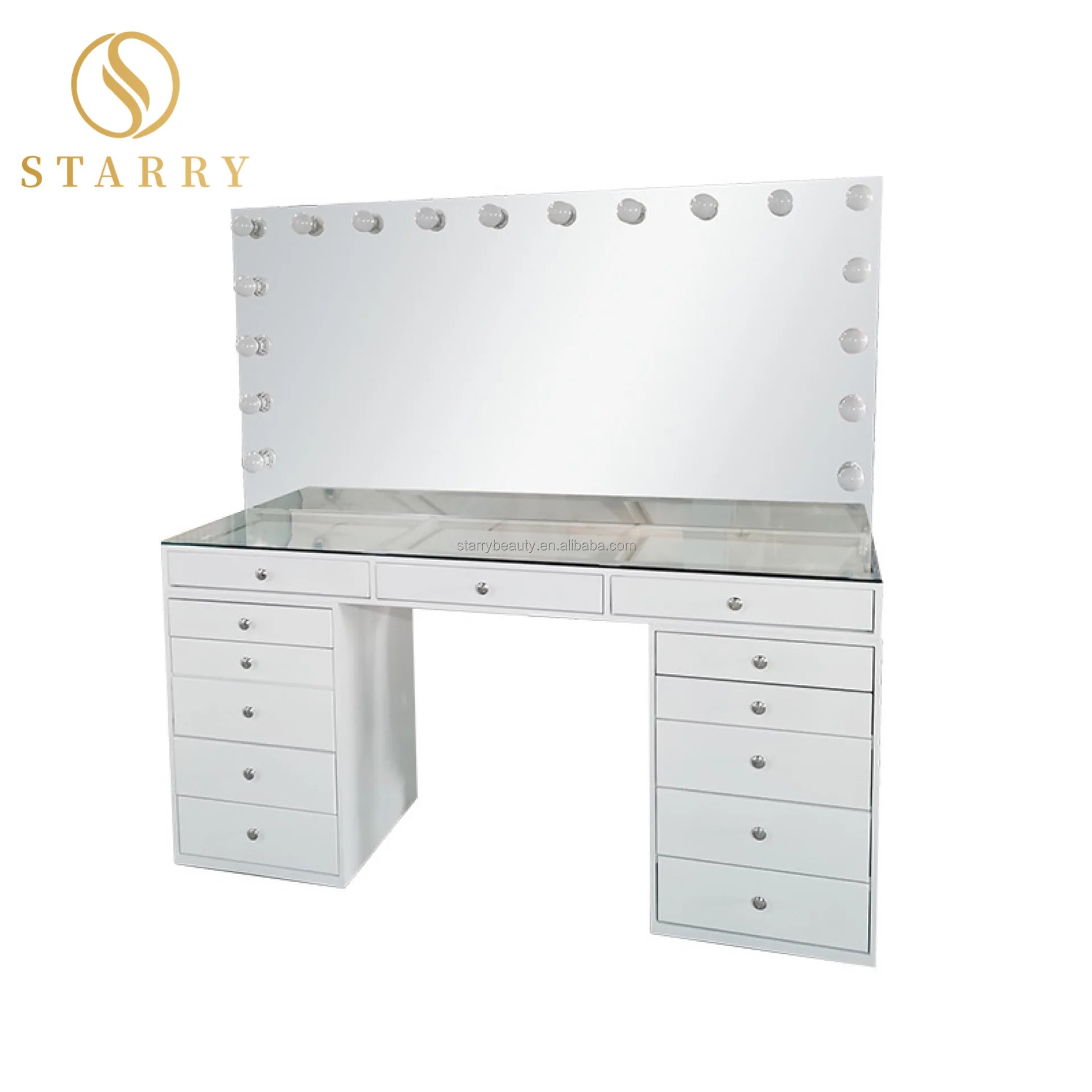 Modern Wood Beauty Salon Makeup Table Set with LED Mirror and Lights Apartment-Friendly