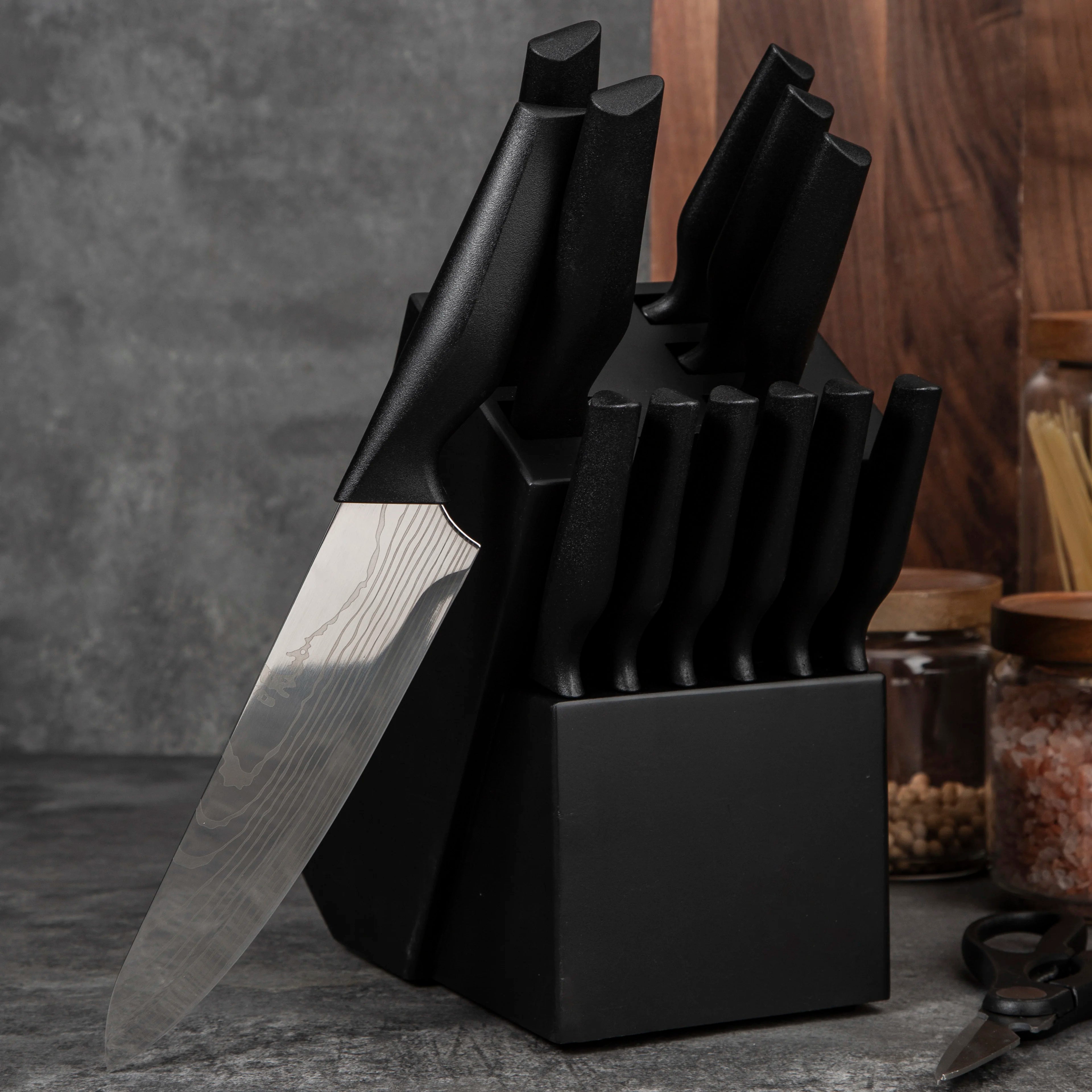 Professional 14-Piece Stainless Steel Kitchen Knife Set Ambidextrous Handles Plastic Block Self-Sharpening Chef Knife for
