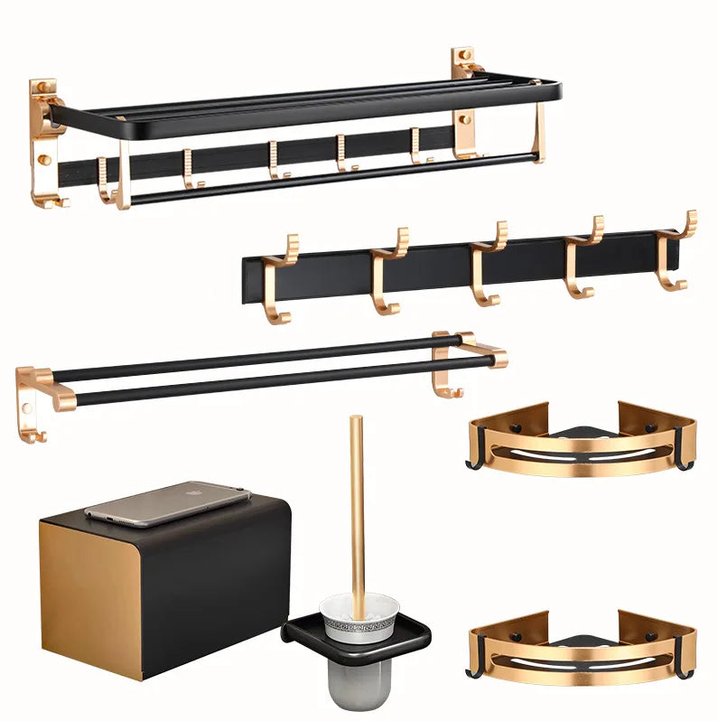 Black Gold Luxury Modern Aluminum Seven Piece Toilet and Bathroom Accessory Set with Paper Towel Holder